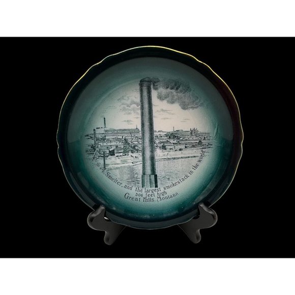 Buffalo Pottery Antique 7.5" B & M Smelter Smokestack Plate 1915 Great Falls Mt. - Picture 2 of 13